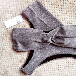 Silver Knit Twisted Bandeaux High Waisted Bikini Swimsuit - worthtryit.com