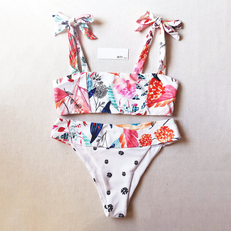 Cute Print Tie Shoulder Crop Top Bikini Swimsuit