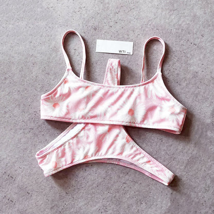 Ribbed Floral Crop Top Bikini Swimsuit