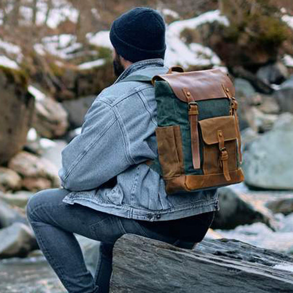 Buy Canvas Leather Backpack | Waxed Canvas Rucksack | Roll Top Backpack ...