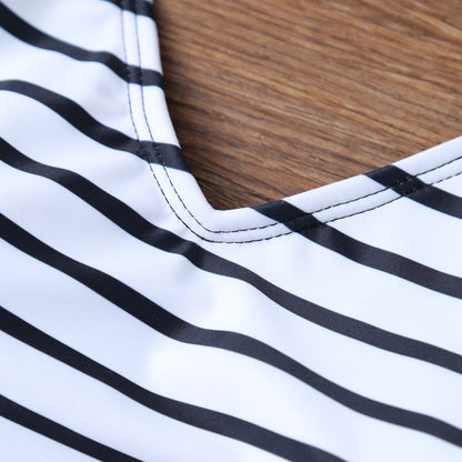 White Striped Modest One Piece Swimsuit Backless - worthtryit.com