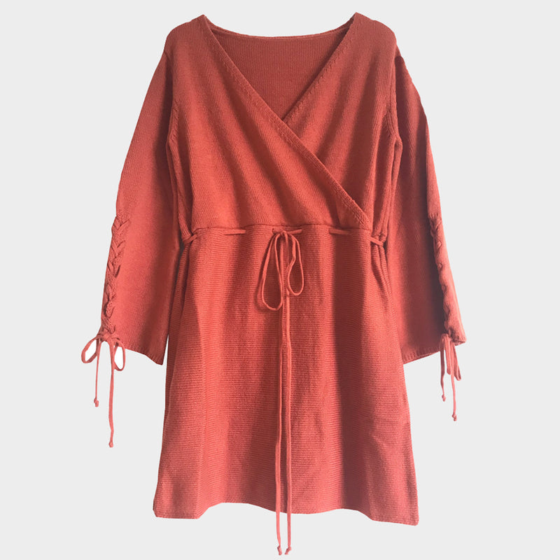 Cross Over V Neck Flare Sleeve Knit Dress