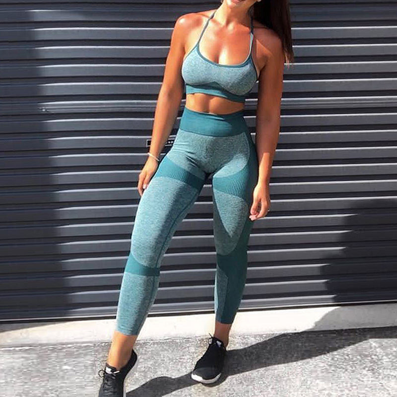 Color Block Strappy Crop Top 2 Piece Yoga Sports Fitness Suit