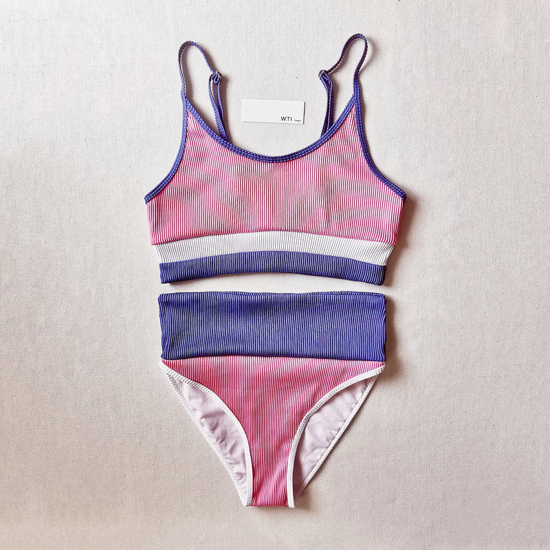 Color Block Ribbed High Waist Crop Bikini Swimsuit TL20