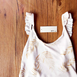 Plume Print Ruffle Shoulder One Piece Swimsuit - worthtryit.com