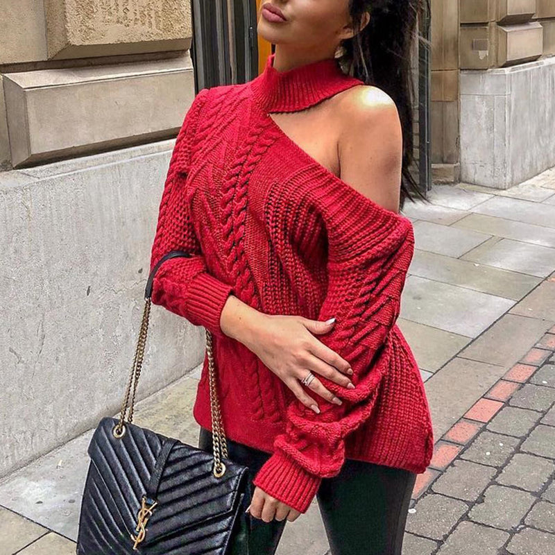 High Neck One Shoulder Off Knit Sweater W.T.I. Design
