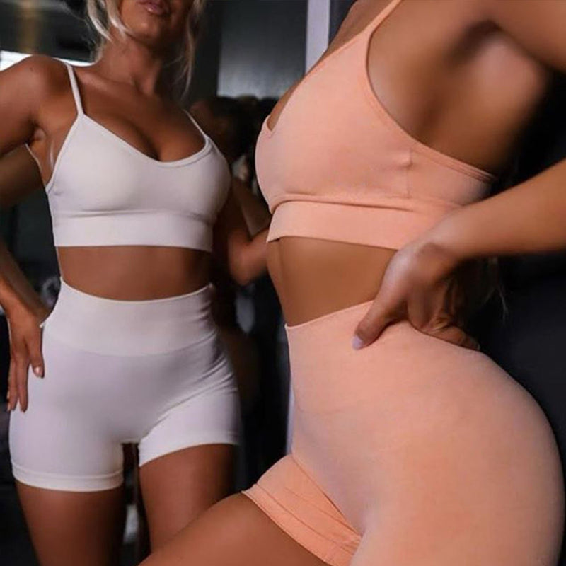 Solid Color Seamless Strappy Sport Top & High Waist Shorts