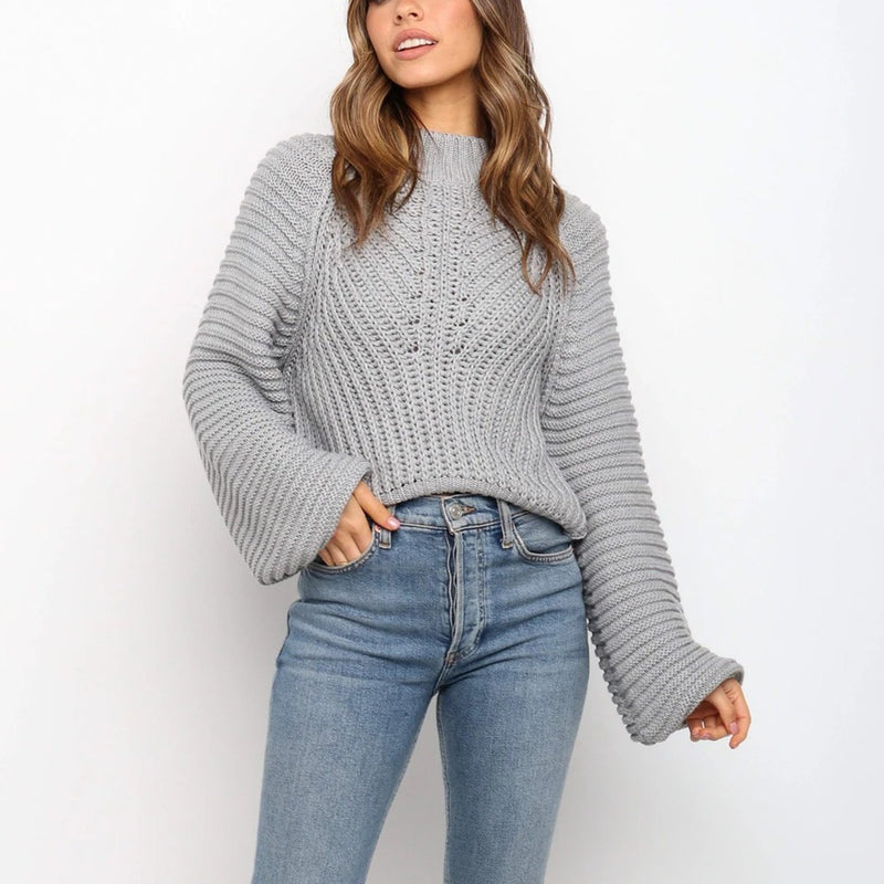 Round Neck Puffer Shoulder Knit Sweater