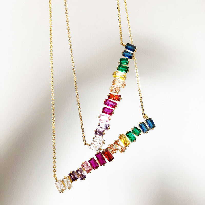 Rainbow Baguette Gold Bar Necklace