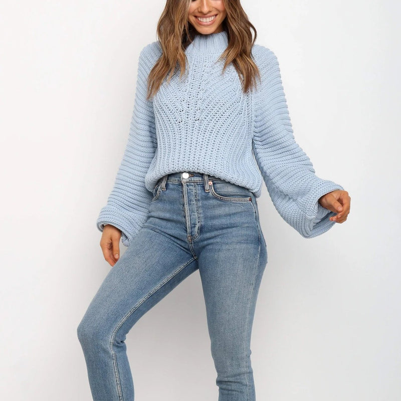Round Neck Puffer Shoulder Knit Sweater
