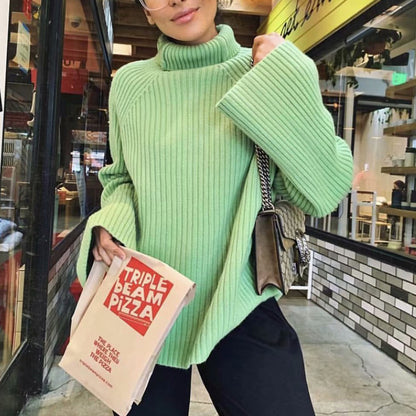 Oversize High Neck Flare Sleeves Knit Sweater - Green