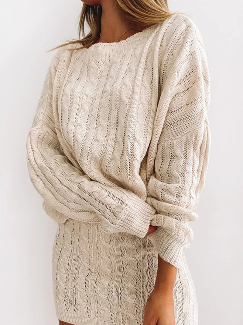Loose Cable Knit Sweater & Skirt Two Pieces Set
