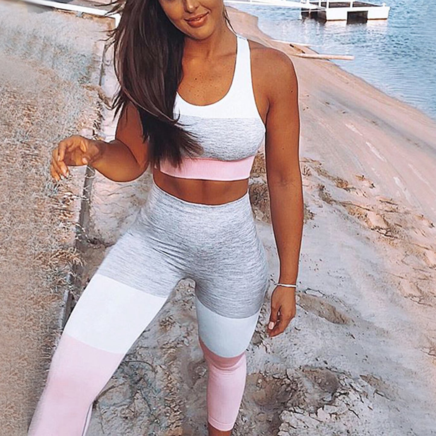 Color Block Crop Top 2 Piece Yoga Sports Fitness Suit