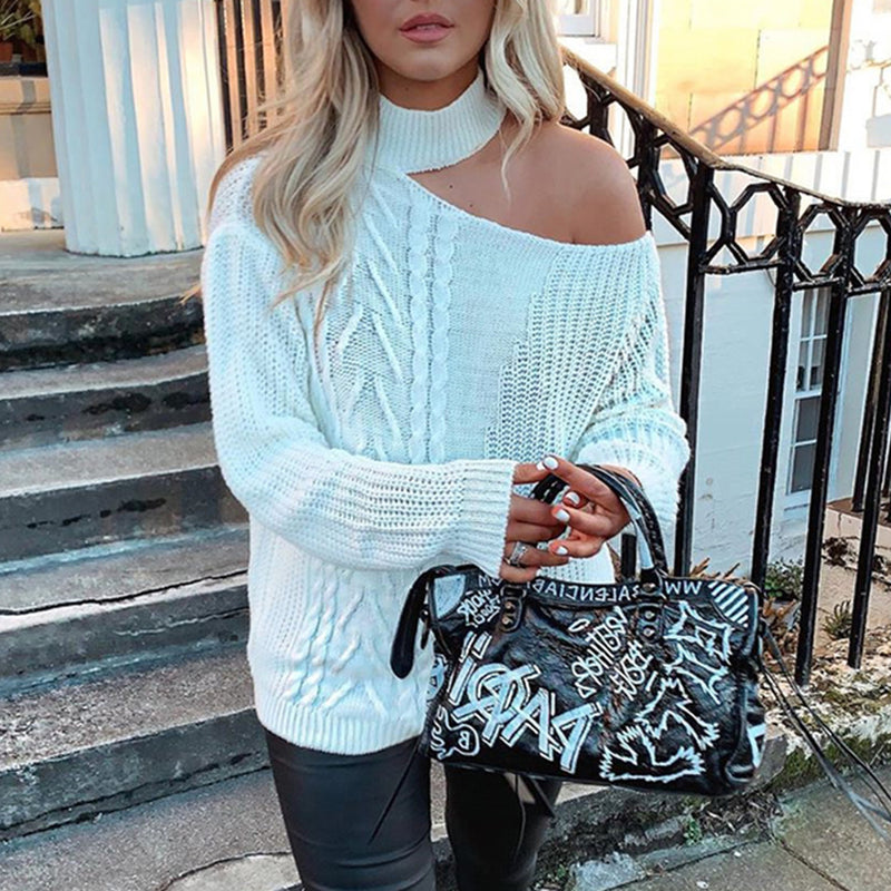 High Neck One Shoulder Off Knit Sweater