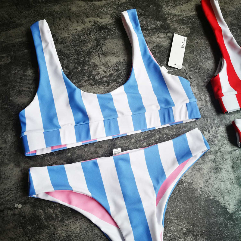 Reversible Colorful Stripes Crop Top Bikini Set - worthtryit.com