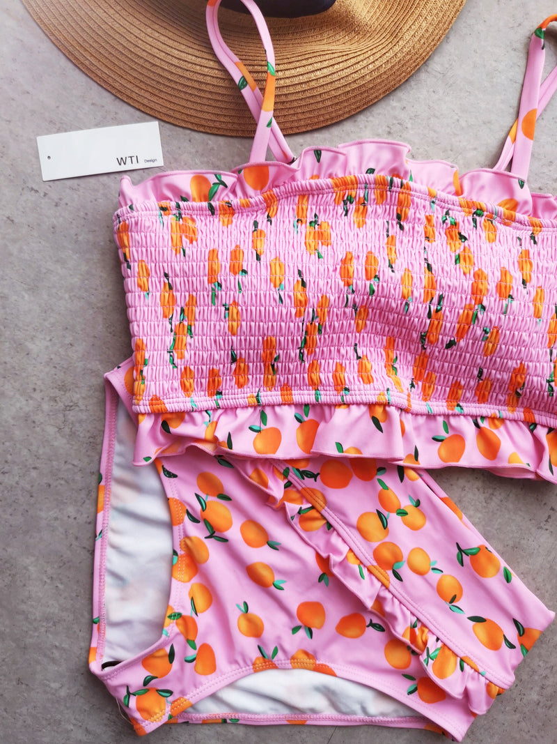 Ruffle Hem Scrunched High Waisted Bandeaux Bikini Set - worthtryit.com