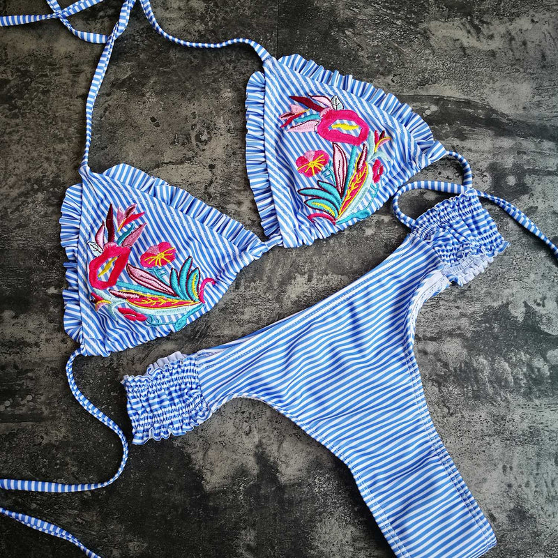 Embroidery Stripped Ruffle Trim Bikini Set -Blue - worthtryit.com