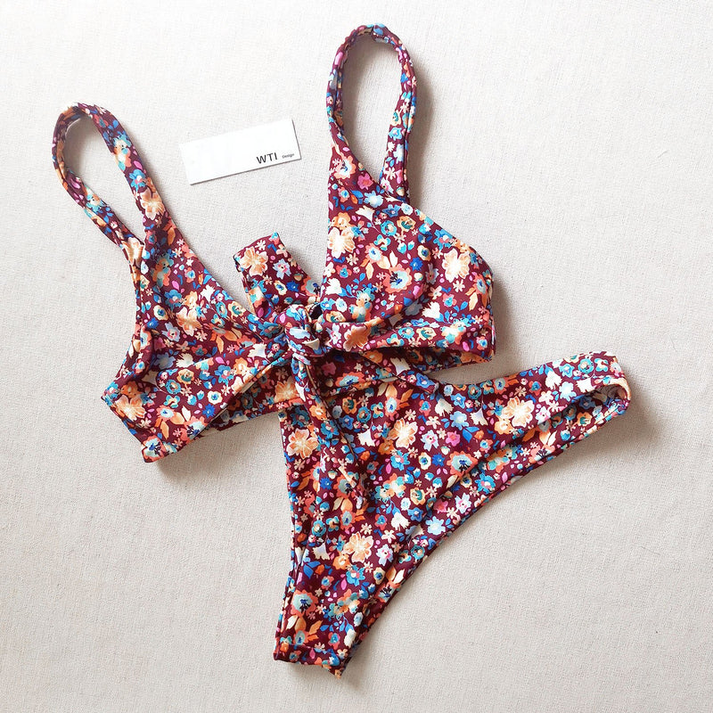 Floral Print Front Tie Bikini Swimsuit YX21