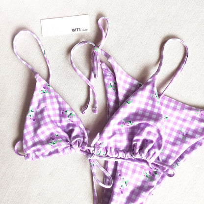 Floral Checked Triangle Bikini Swimsuit