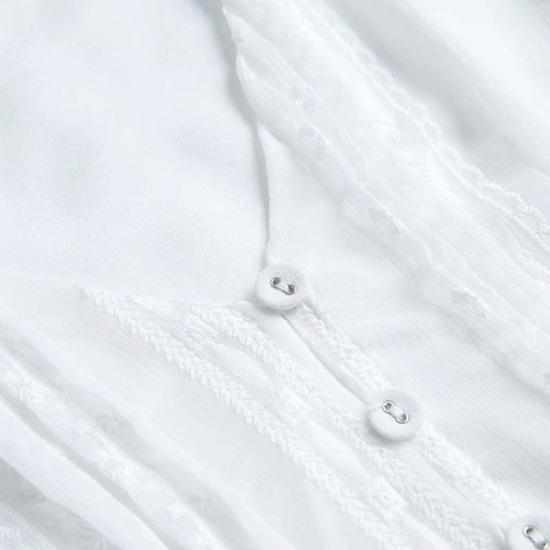 Embroidery  Button Up V Neck Tie Waist Long Sleeve Dress