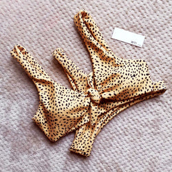 Ribbed Leopard Print Knot Front Tie Up Bikini Set - worthtryit.com