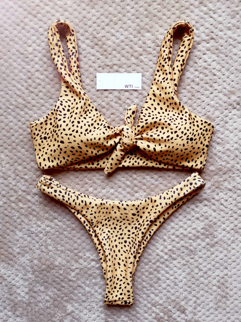 Ribbed Leopard Print Knot Front Tie Up Bikini Set - worthtryit.com