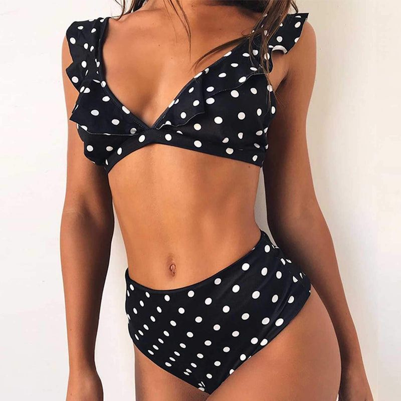 V Neck High Waist High Cut Ruffle Bikini Set - worthtryit.com