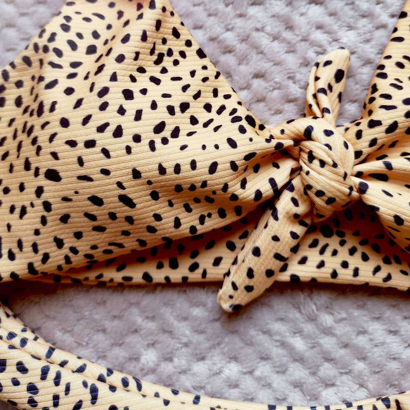 Ribbed Leopard Print Knot Front Tie Up Bikini Set - worthtryit.com