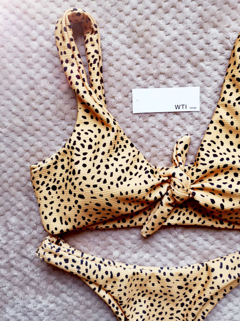 Ribbed Leopard Print Knot Front Tie Up Bikini Set - worthtryit.com