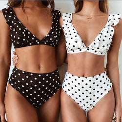 V Neck High Waist High Cut Ruffle Bikini Set - worthtryit.com