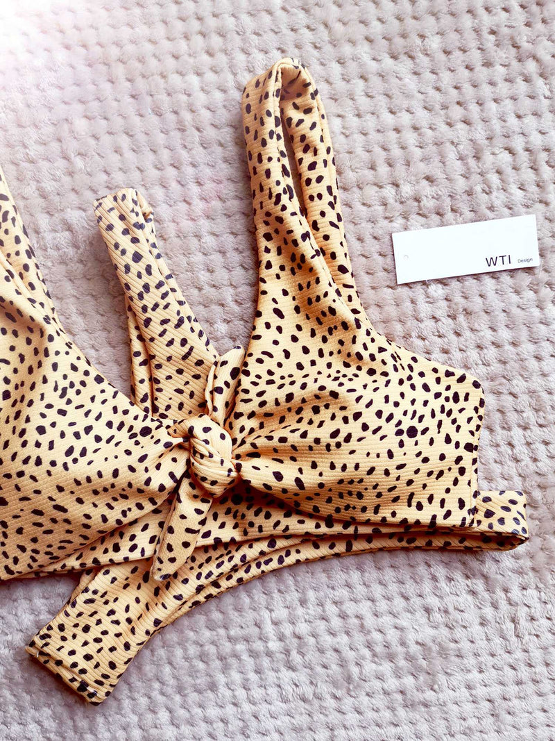 Ribbed Leopard Print Knot Front Tie Up Bikini Set - worthtryit.com