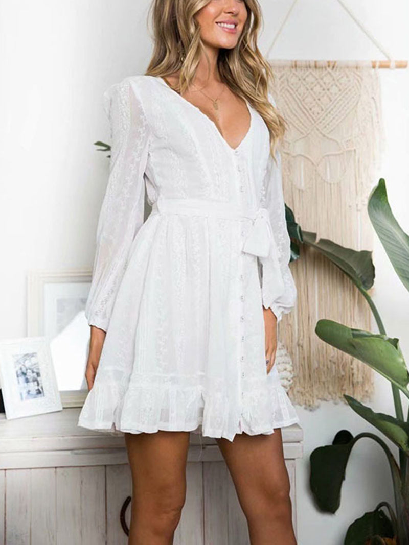 Embroidery  Button Up V Neck Tie Waist Long Sleeve Dress