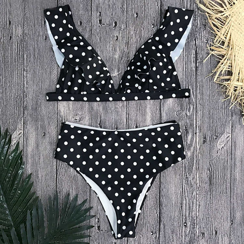 V Neck High Waist High Cut Ruffle Bikini Set - worthtryit.com