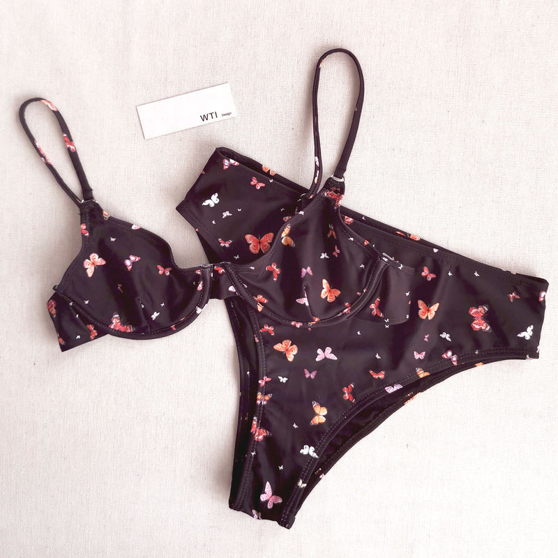 Butterfly Print Underwire High Waist Bikini Swimsuit