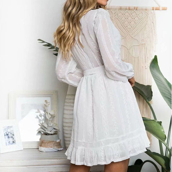 Embroidery  Button Up V Neck Tie Waist Long Sleeve Dress