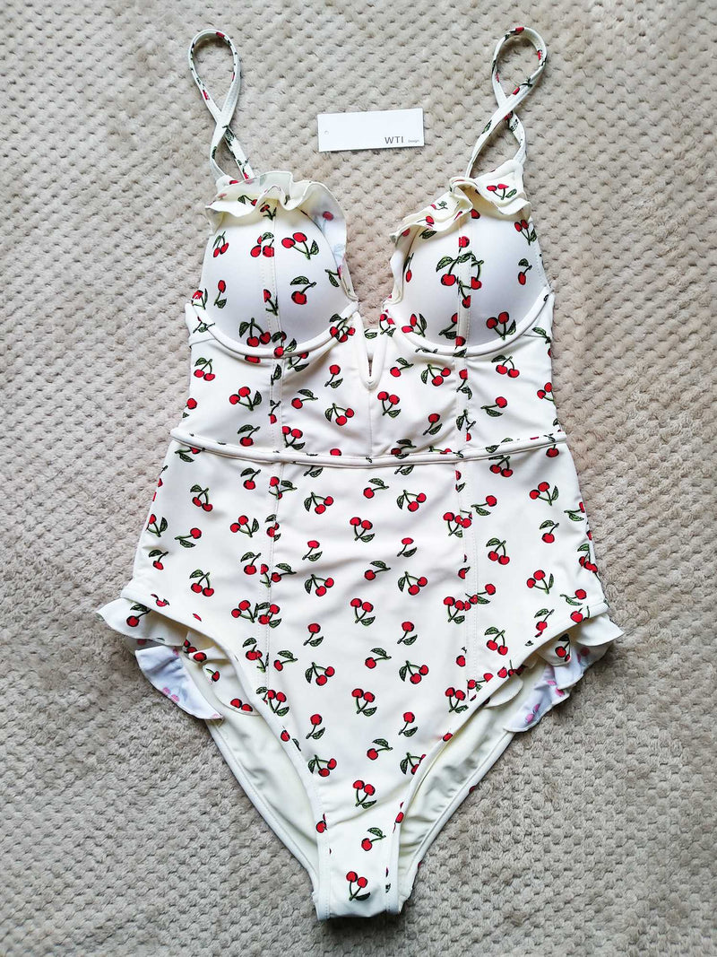 Cute Cherry Print Underwear One Piece Swimsuit - worthtryit.com