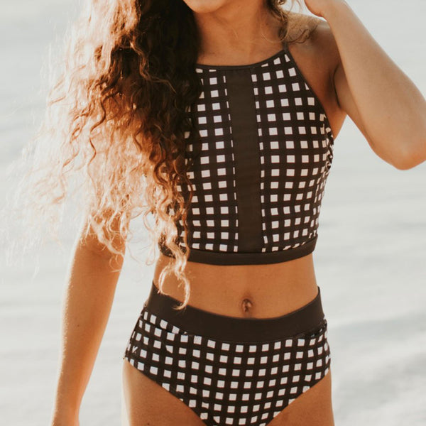 Gingham High Neck Two Piece Swimsuit - worthtryit.com