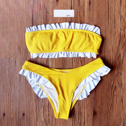 Ribbed Ruffle Trim Strapless Bandeaux Bikini Set - worthtryit.com