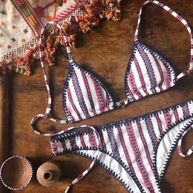 Crochet Trim Stripped Bikini Set - worthtryit.com