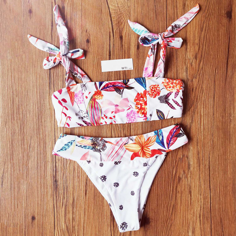 Cute Print Tie Shoulder Crop Top Bikini Swimsuit - worthtryit.com