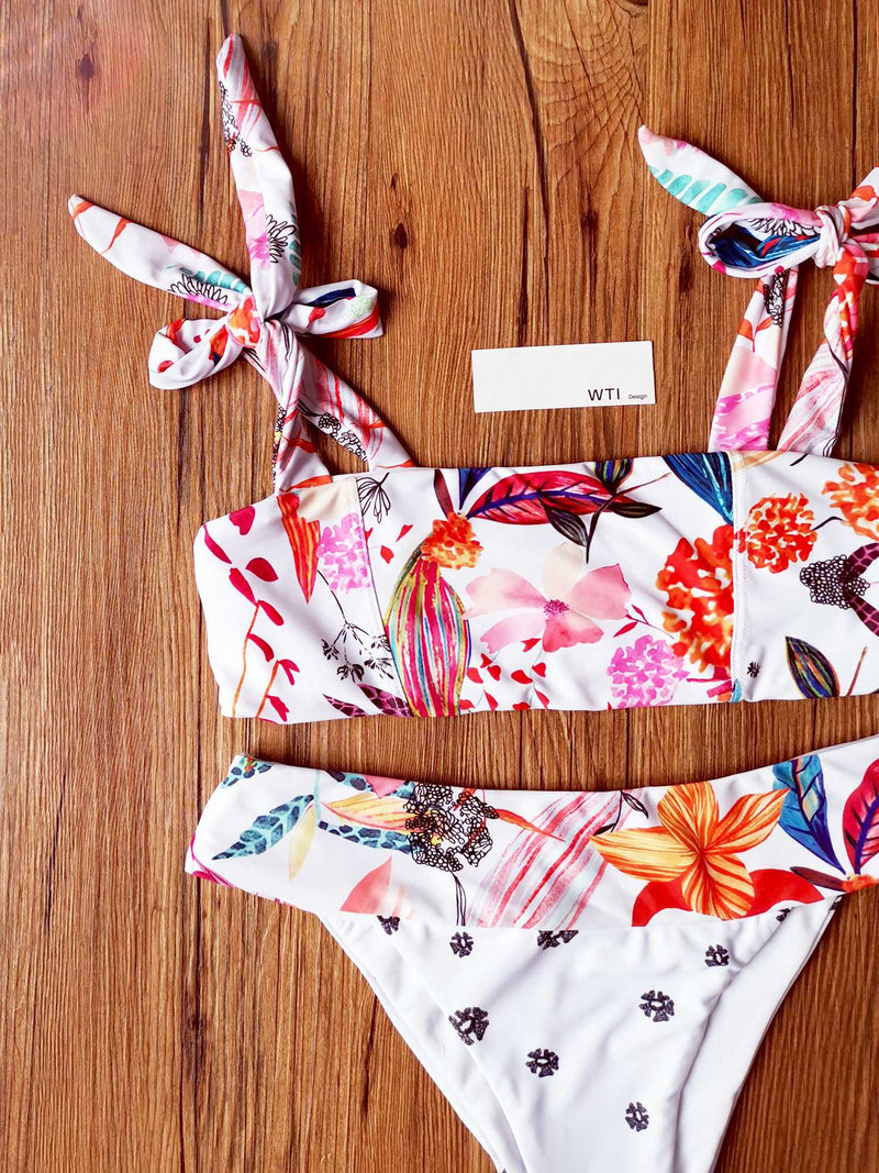 Cute Print Tie Shoulder Crop Top Bikini Swimsuit - worthtryit.com