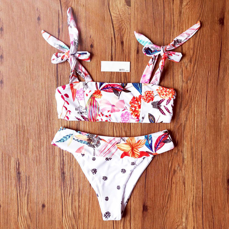 Cute Print Tie Shoulder Crop Top Bikini Swimsuit - worthtryit.com