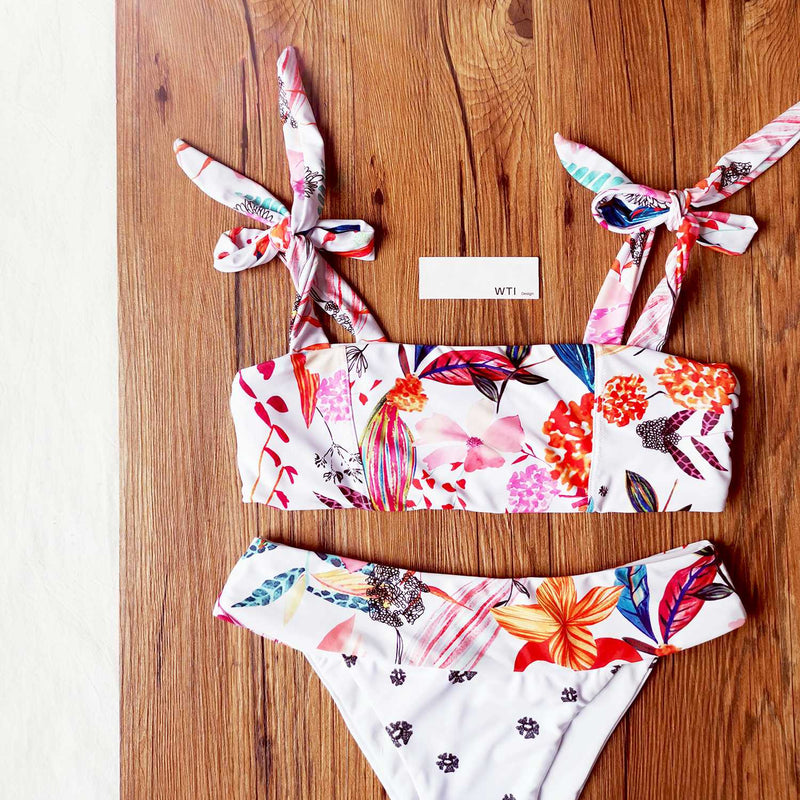 Cute Print Tie Shoulder Crop Top Bikini Swimsuit - worthtryit.com