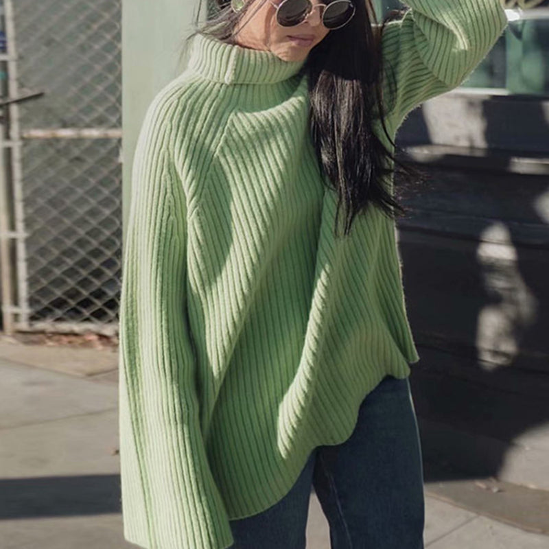 Oversize High Neck Flare Sleeves Knit Sweater - Green