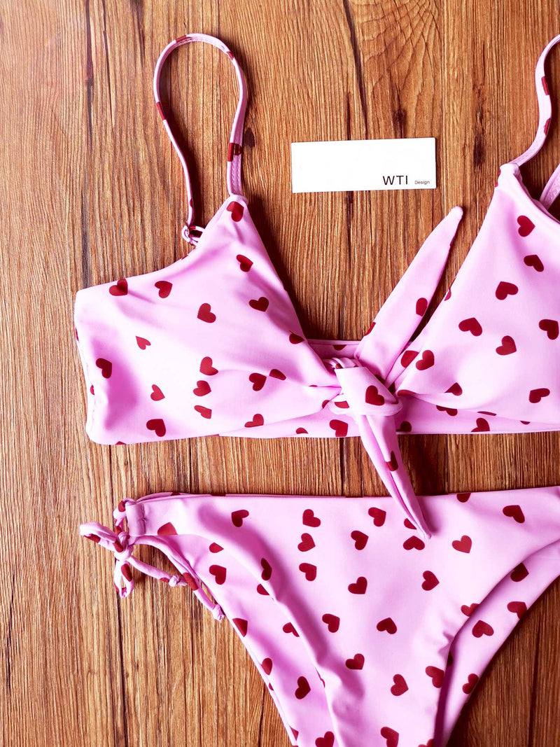 Heart Print Front Tie Bikini Swimsuit - worthtryit.com