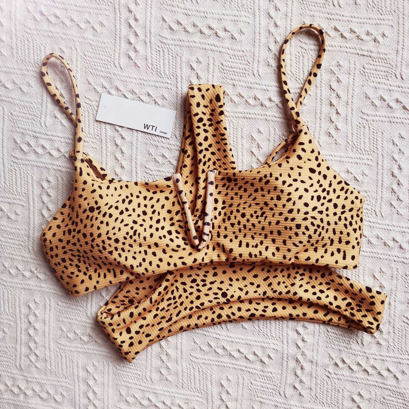 Ribbed Leopard Print V Neck Crop Top Bikini Set - worthtryit.com