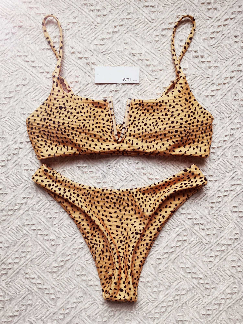 Ribbed Leopard Print V Neck Crop Top Bikini Set - worthtryit.com