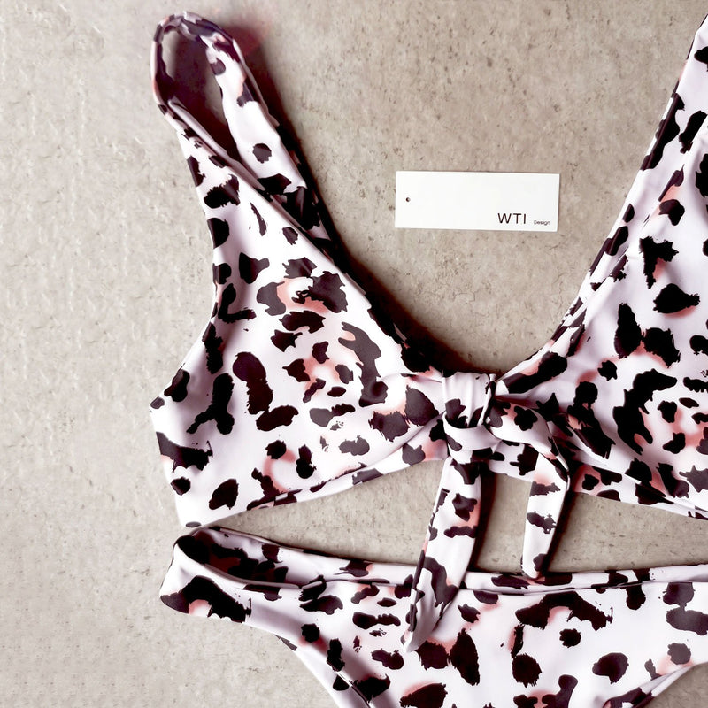 Leopard Front Tie Bikini Swimsuit - worthtryit.com