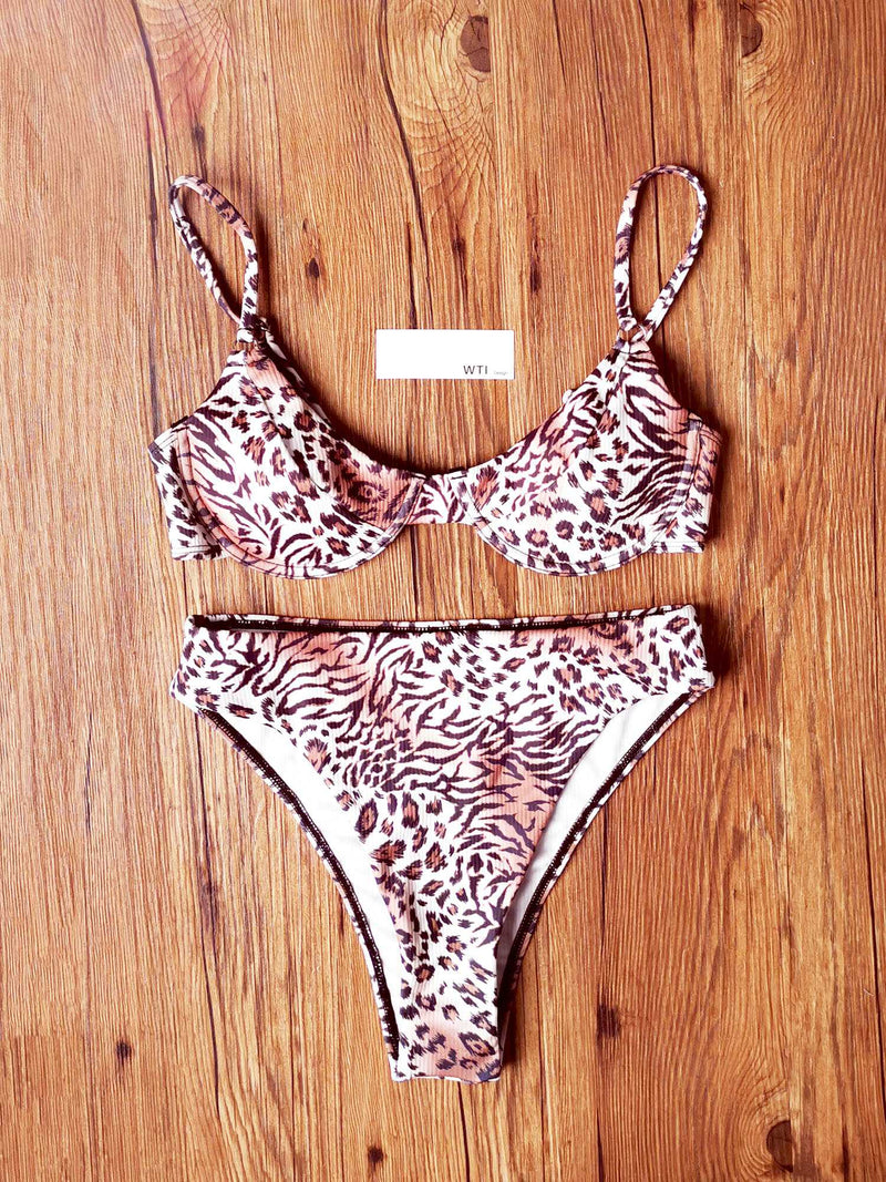 Tiger Animal Ribbed Underwire High Waist Bikini Swimsuit - worthtryit.com
