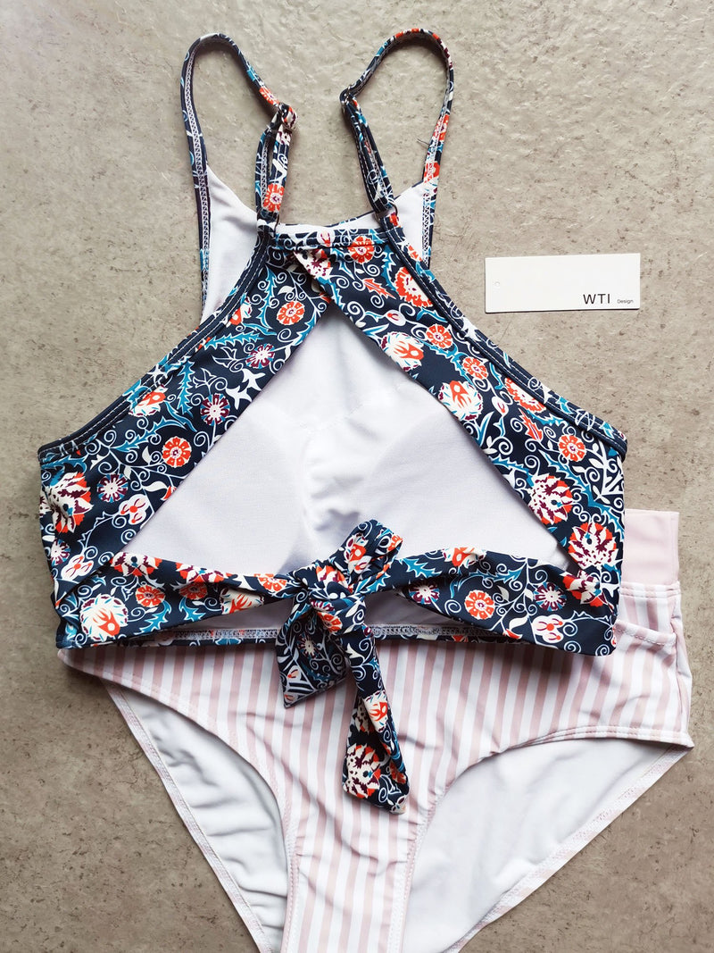 Floral Print High Neck Cut Out Back High Waist Two Piece Bikini Swimwear - worthtryit.com